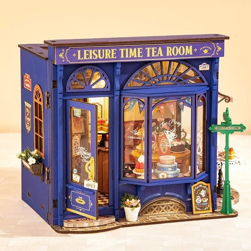 ROBOTIME DIY Tea Room Dollhouse Kit – Wooden Miniature with LED Lights & Furniture Gift Set Everware Hub