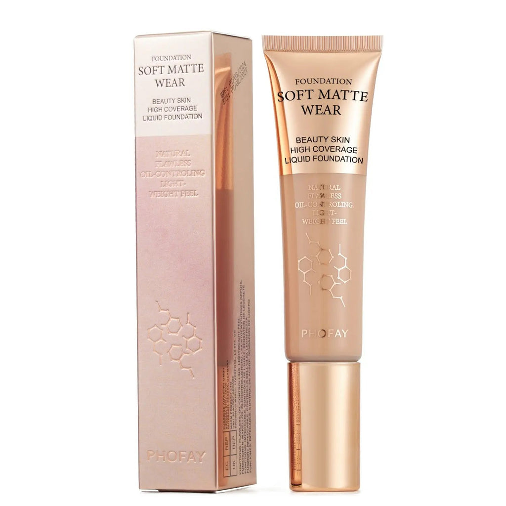 PHOFAY Soft Matte Wear foundation tube with matching rose gold box, beige shade, matte gold cap.