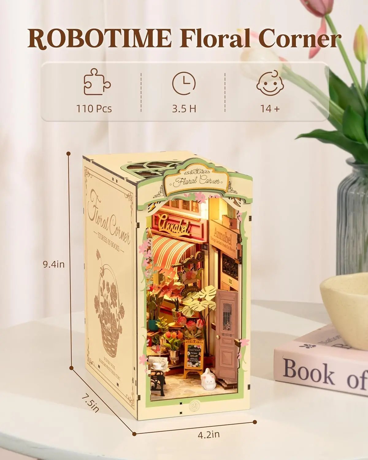 Rolife Floral Corner Book Nook Kit – DIY 3D Wooden Dollhouse Everware Hub