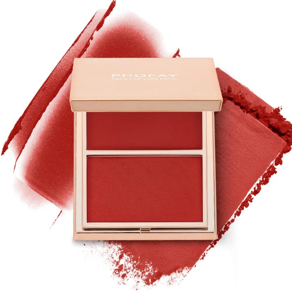 Compact blush duo with cream and powder shades in warm rose and terracotta tones.