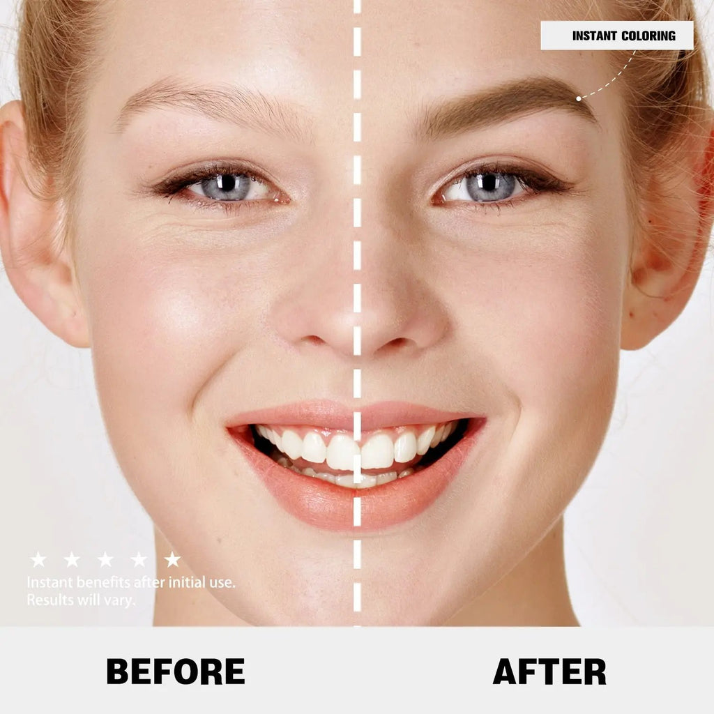 Close-up of a smiling woman’s face showing natural brows before and darker, fuller brows after PHOFAY tinted eyebrow gel.