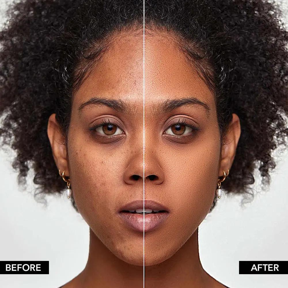 Split-face close-up of woman showing natural skin on left and smooth, matte foundation coverage on right.