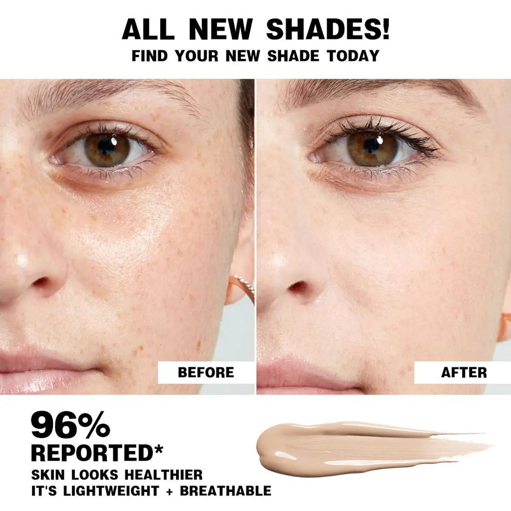Before and after close-up of under-eye area showing smooth, natural-looking coverage by lightweight beige concealer.