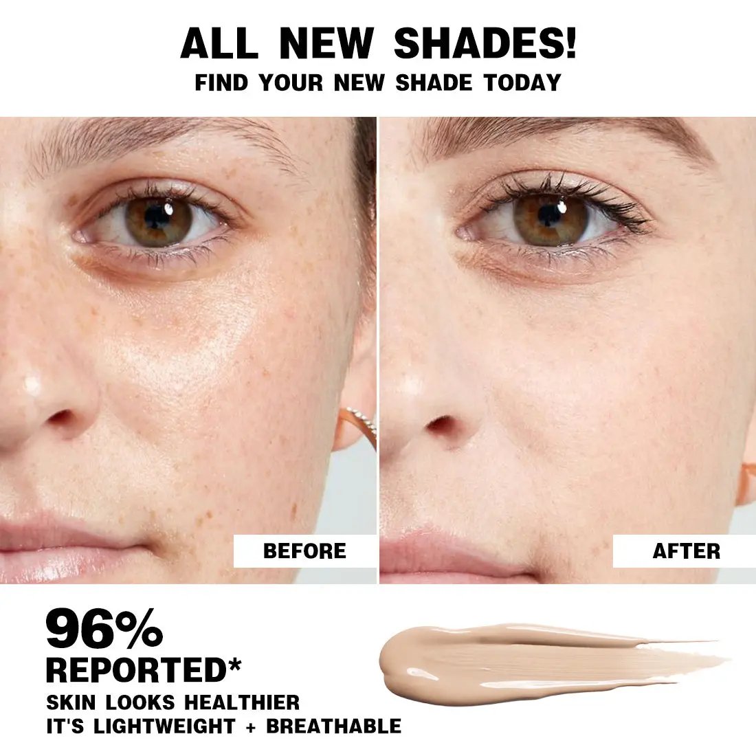 Before and after close-up of under-eye area showing smooth, natural-looking coverage by lightweight beige concealer.