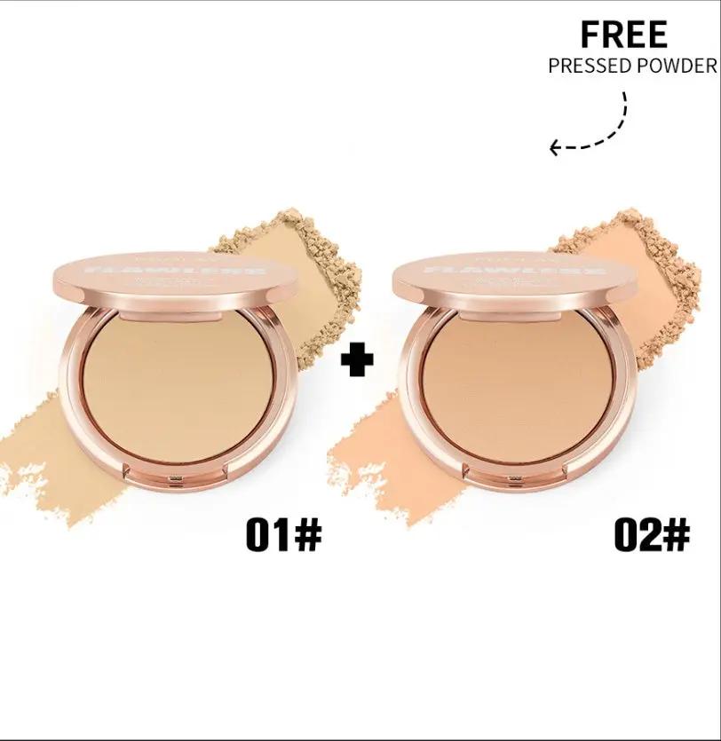 Two open PHOFAY Matte Setting Pressed Powders in shades 01 and 02 with loose powder swatches on white background.