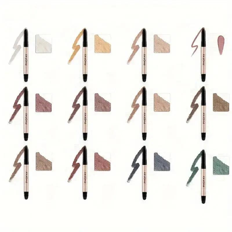 Twelve PHOFAY eyeshadow sticks in neutral, pink, brown, gray, and green shades with matching swatches on white background.