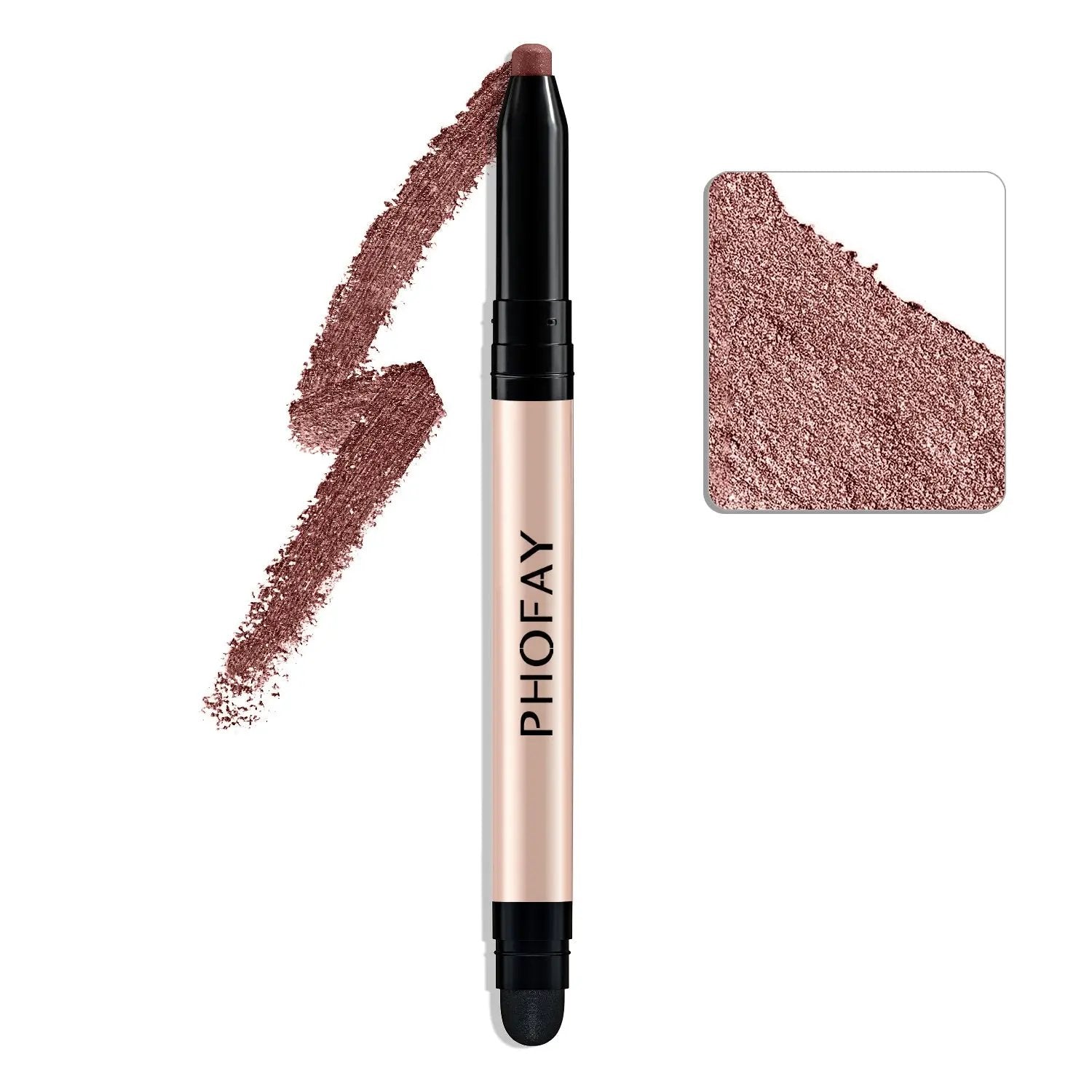 PHOFAY waterproof creamy eyeshadow stick in matte dusty rose with smudge-proof texture swatch.