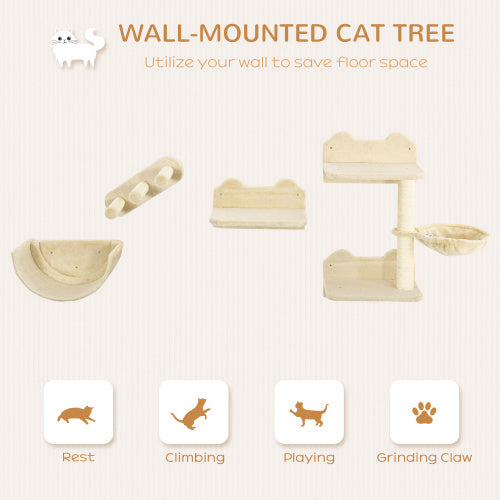 PawHut Wall-Mounted Cat Shelves – 4-Piece Cat Climbing Set with Hammock, Perches & Scratching Post, Beige Everware Hub
