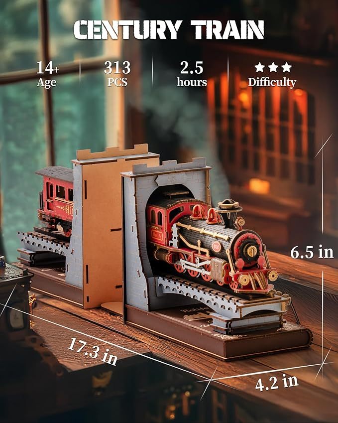 ROBOTIME Century Train DIY Book Nook Kit – 3D Wooden Puzzle Bookend Model for Adults & Kids Everware Hub