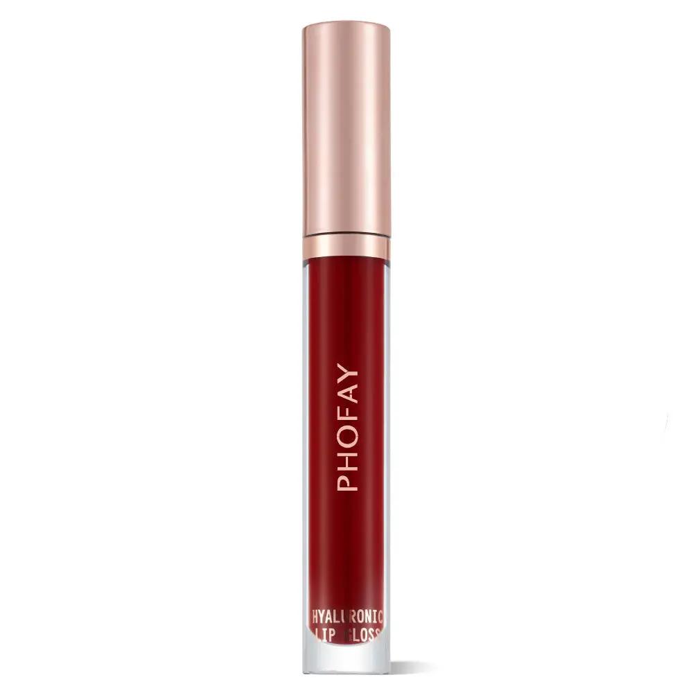 Deep red PHOFAY lip gloss tube with rose gold cap and white branding text.