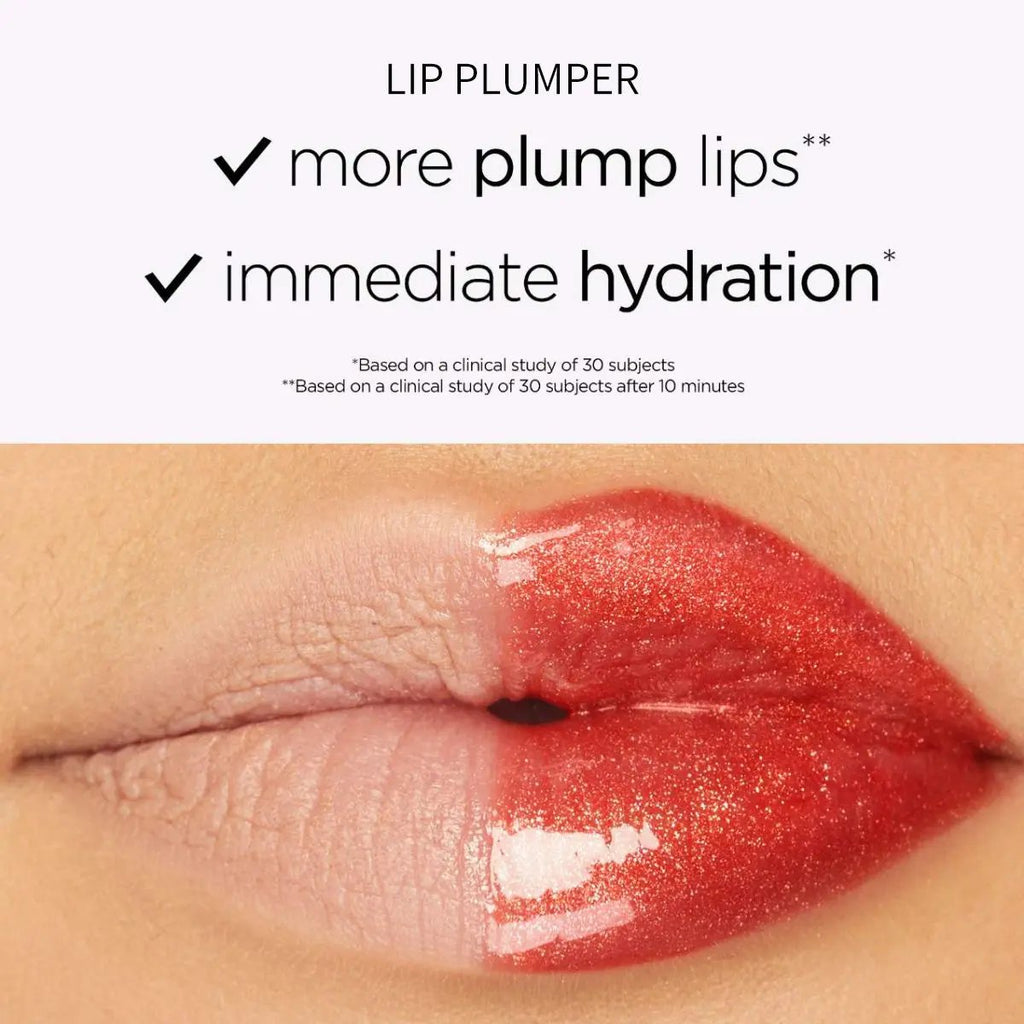 Close-up of lips with glossy, shimmering red lip plumper enhancing volume and hydration.