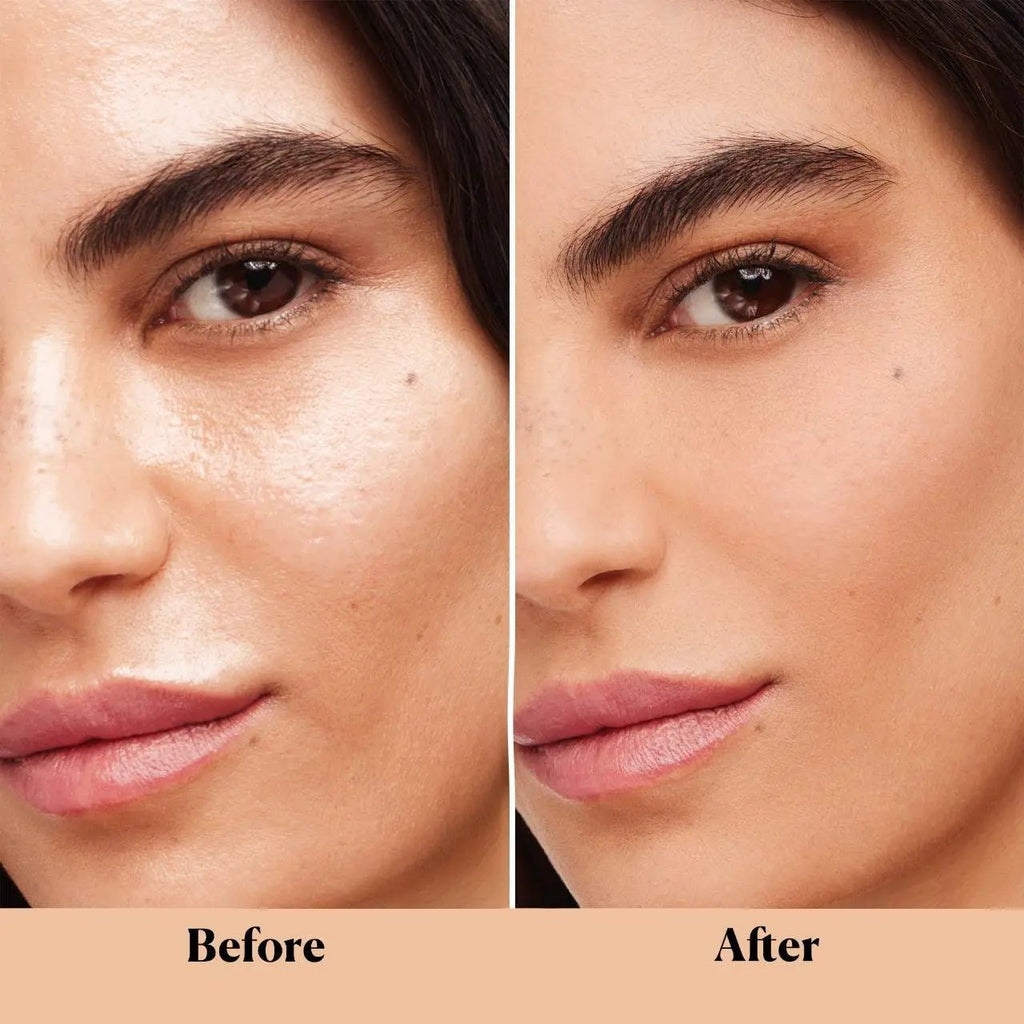 Close-up of a woman's face showing dewy skin with visible pores before and smooth, matte, pore-minimized finish after.