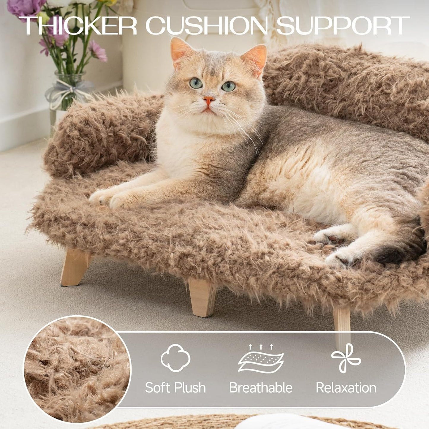MEWOOFUN Elevated Cat Bed With Washable Cover - 26x18.3x8.5 Inch Wooden Pet Sofa For Cats & Small Medium Dogs, Modern Pet Furniture Brown Everware Hub