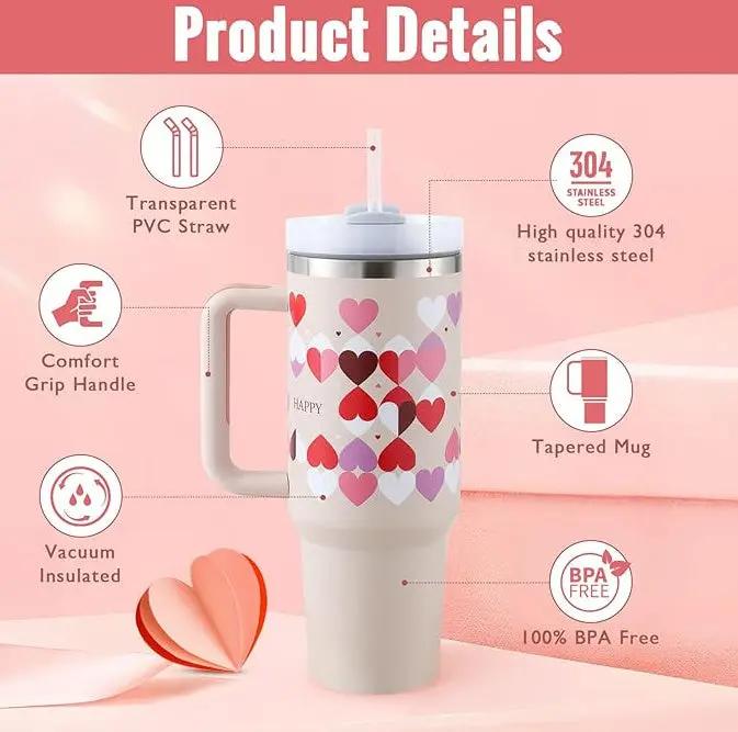 40 Oz Tumbler With Handle Straw Insulated, Stainless Steel Spill Proof Vacuum Coffee Cup Tumbler With Lid Tapered Mug Gifts For Valentine Lover Suitable For Car Gym Office Travel Everware Hub